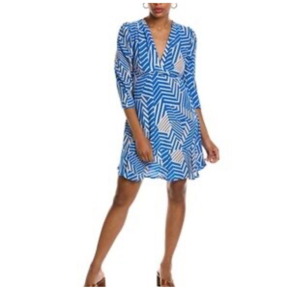 An'ge Women Blue Geometric Print V Neck Mini Dress Medium